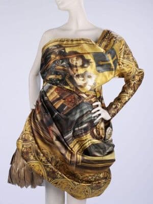 One-Shoulder Silk Dress with Gilded Feather Underskirt