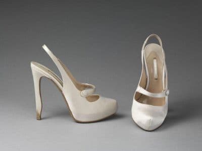 White silk satin and leather shoes, designed by Nicholas Kirkwood, 2012.
