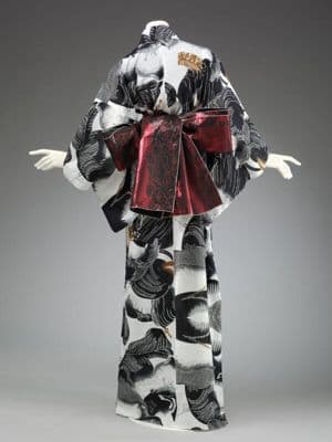 White Cotton Yukata with Black Brushstroke Motifs