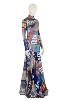 Navy Polyester Maxi Dress with Korean Print