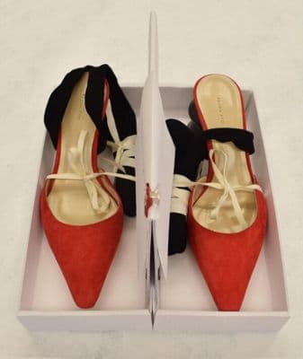 Red and Black Suede Pointed-Toe Mule Heels