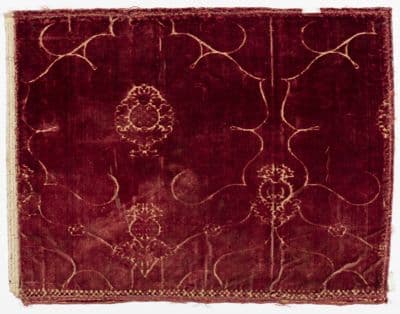 Deep Burgundy Silk Velvet Fragment with Gold Florals
