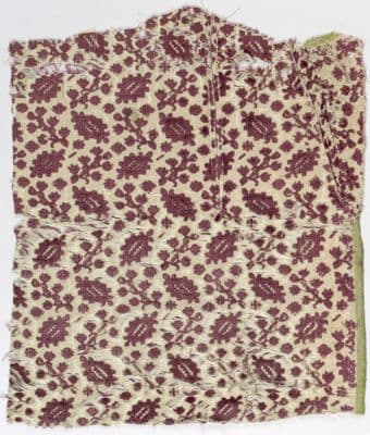 Cream Silk Velvet Fragment with Burgundy Floral Pattern