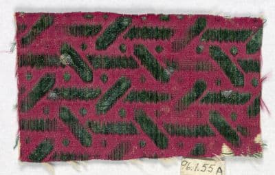 Deep Magenta Silk Velvet Fragment with Green Leaf Motifs