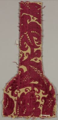 Deep Crimson Silk Velvet Fragment with Gold Metallic Embroidery