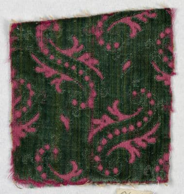 Deep Green Silk Velvet Fragment with Magenta Paisley