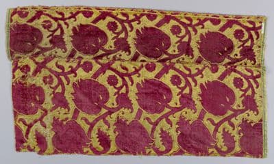 Burgundy Silk Velvet Fragment with Gold Foliate Pattern