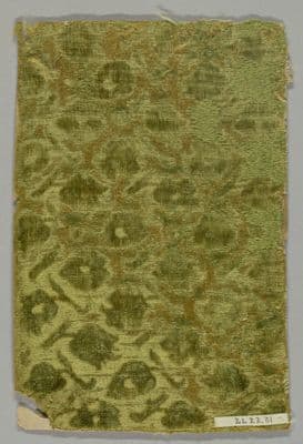 Olive Green Silk Velvet Fragment with Golden Botanical Motifs