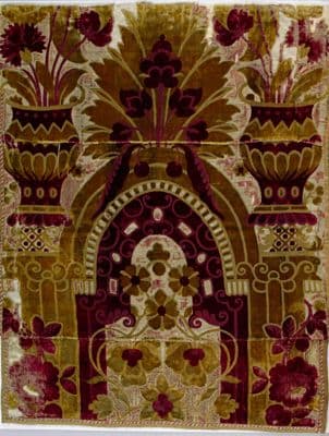 Deep Burgundy Silk Velvet Fragment with Golden Baroque Motifs