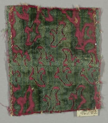 Deep Green Silk Velvet Fragment with Crimson Paisley