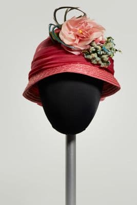 Pink Straw Cloche Hat with Flower Feather Trim