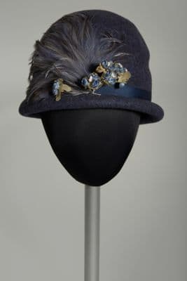 Navy Blue Wool Derby Hat with Feathers