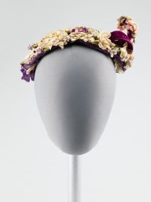 Cream Purple Velveteen Hat with Fabric Flowers