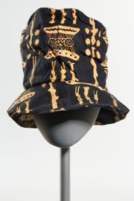 Black Wax Print Bucket Hat with Figurative Motifs