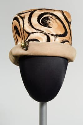 Cream Satin Cloche Hat with Black Swirl Design