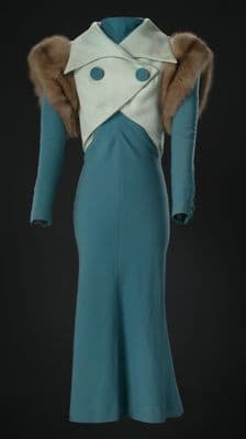 Teal Blue Wool Twill Evening Gown with Cream Collar