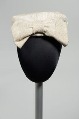 Cream Synthetic Twill Pillbox Hat with Bow