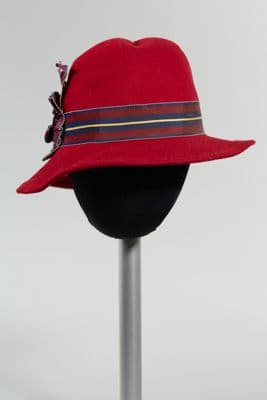 Red Wool Felt Fedora with Striped Ribbon