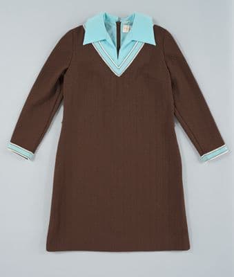 Brown Knit Shift Dress with Blue Collar