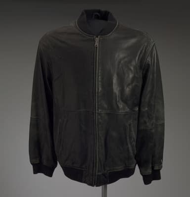 Black Leather Bomber Jacket with Ribbed Knit Trim