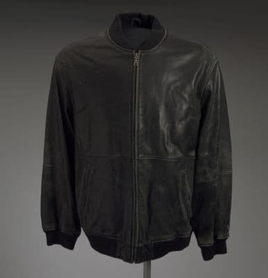 Black Leather Bomber Jacket with Ribbed Knit Trim
