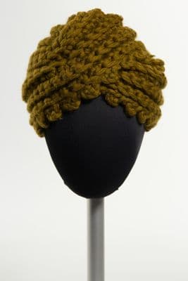 Green Crochet Turban-Style Hat with Yellow Accents