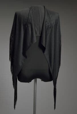 Black Synthetic Shawl with Floral Embroidery and Fringe