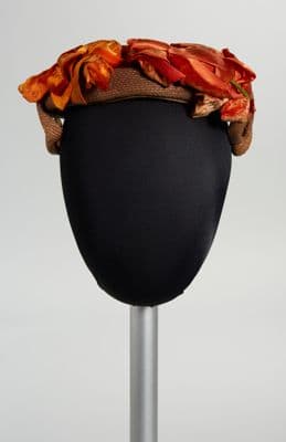 Brown Synthetic Straw Hat with Orange Floral Trim