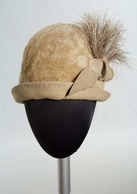 Cream Fur Felt Cloche Hat with Feather
