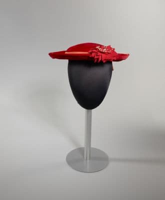 Red Velveteen Pillbox Hat with Beaded Flower