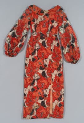 Red Floral Silk Chiffon Bishop Sleeve Dress