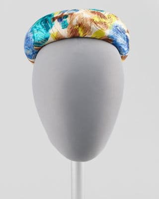 Turquoise Satin Pillbox Hat with Metallic Floral