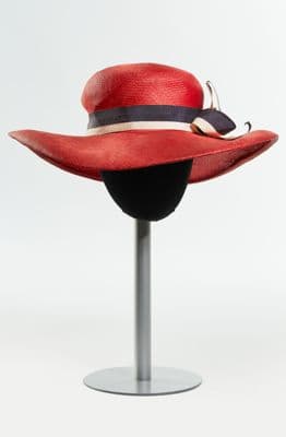 Red Straw Wide-Brim Hat with Navy White Ribbon