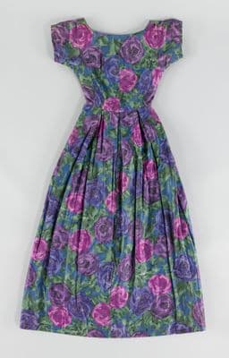 Purple and blue floral print dress with purple belt