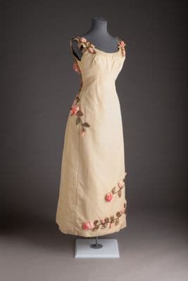 Cream Silk A-Line Evening Gown with Floral Details