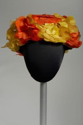 Black Taffeta Hat with Yellow Orange Flower Appliqué