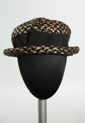Black and Beige Checkered Straw Pillbox Hat