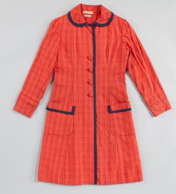 Red Synthetic Coatdress with Navy Windowpane Pattern