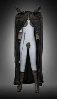 White Stretch Bodysuit with Gold Accents and Cape