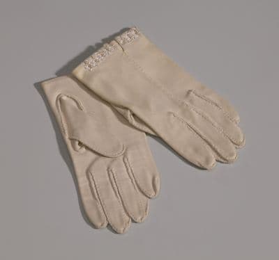 Taupe Cotton Gloves with White Embroidered Cuffs