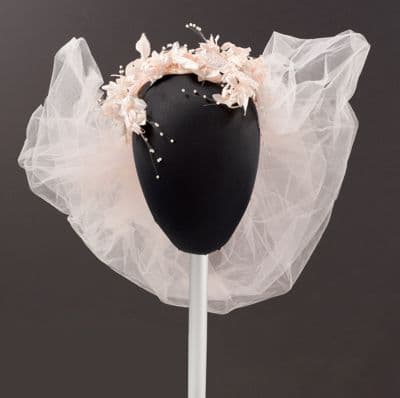 Pink floral headband with tulle veil