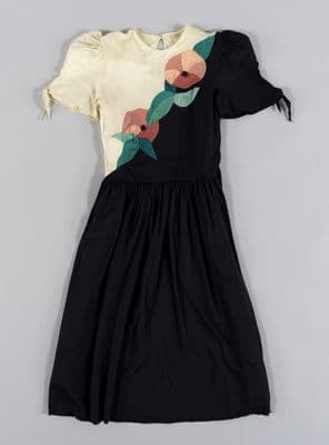 Black Cream Color-Block Midi Dress with Floral Details