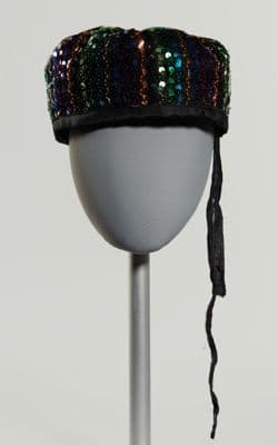 Multicolored Sequined Pillbox Hat with Striped Pattern