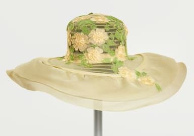 Yellow Silk Organza Wide Brim Hat with Applique Flowers