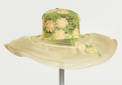 Yellow Silk Organza Wide Brim Hat with Applique Flowers