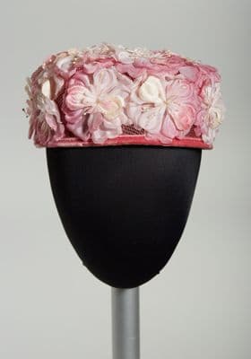 Black Velvet Pillbox Hat with Pink Floral Crown