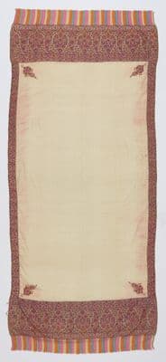 Cream Kashmir Wool Shawl with Burgundy Orange Accents