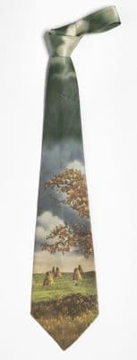 Sage Green Silk Landscape Print Wide Necktie