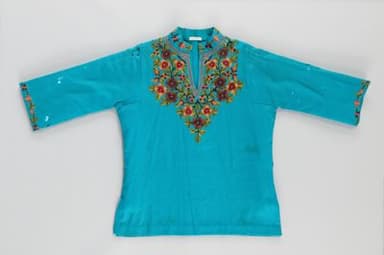Turquoise Blue Cotton Kurta with Floral Embroidery