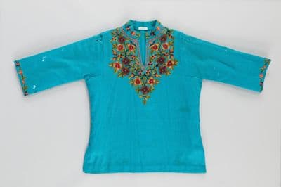 Turquoise Blue Cotton Kurta with Floral Embroidery